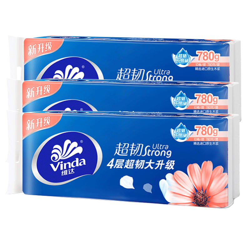 维达（Vinda）卷纸4层超韧无芯卷筒纸巾家用家庭宿舍厕纸手纸厕所纸卫生纸批发 4层 78g/卷*10卷 【1提共780克】