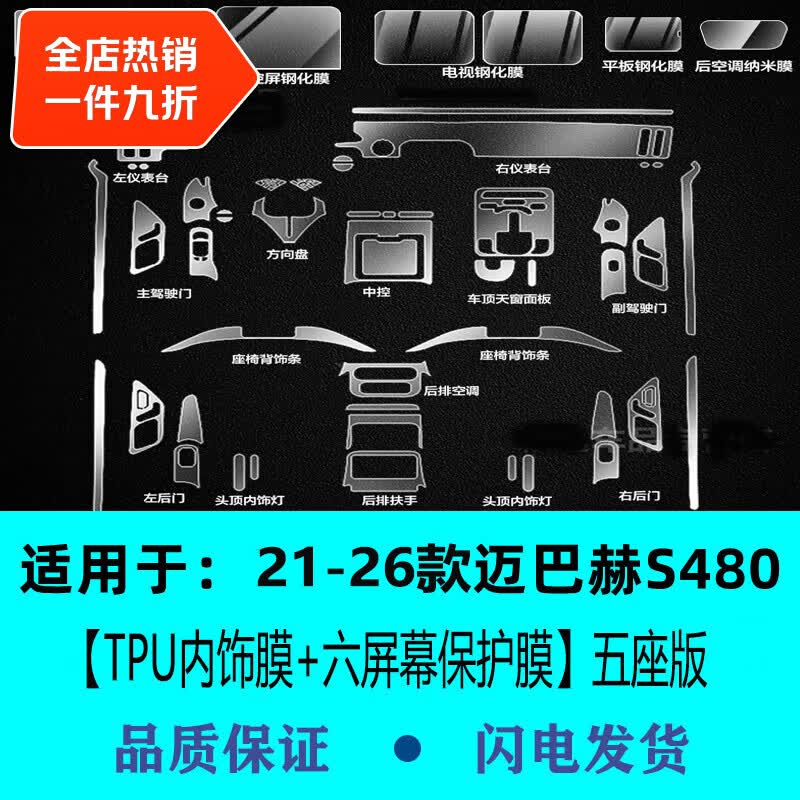 二膜21-27款奔驰迈巴赫S级S480导航钢化膜中控显示大屏幕内饰保护贴膜 21-26款S480【TPU内饰膜+六屏幕】五座版 磨砂防反光钢化膜
