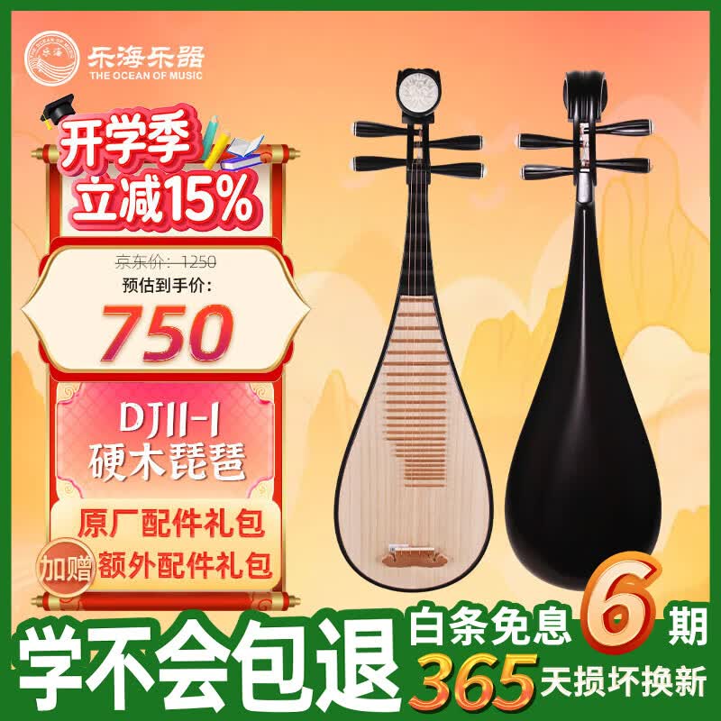 乐海（THE OCEAN OF MUSIC）硬木深红色花开富贵头饰初学练习演奏成人款 硬木琵琶DJ11-1