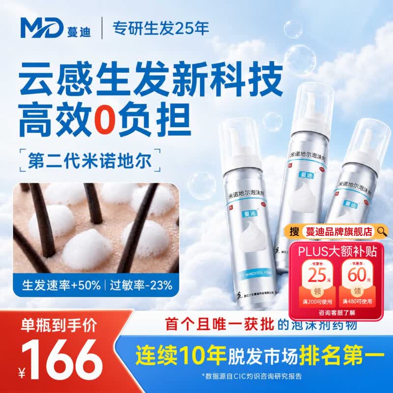 蔓迪【独家获批-二代米诺地尔】蔓迪5%生发泡沫剂60g*3男女专用治脱发防脱洗发水育发米洛酊搽剂
