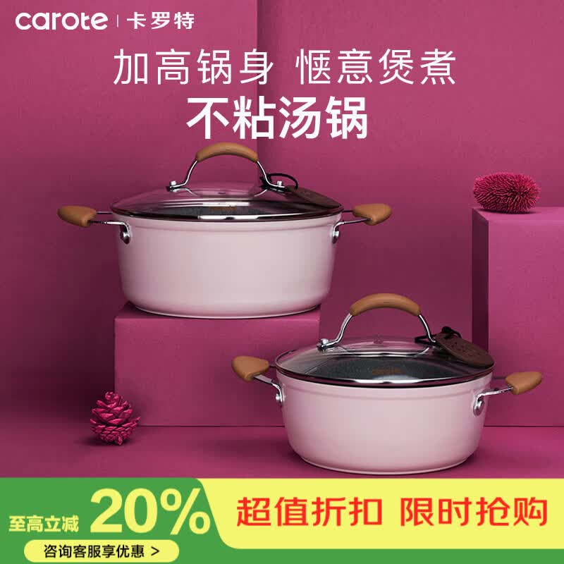 卡罗特汤锅煮锅炖锅蒸锅家用双耳煲汤锅锅不粘锅燃气灶电磁炉专用 汤锅-带盖 24cm