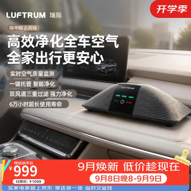 LUFTRUM瑞际 车载空气净化器 新车除甲醛除霾二手烟PM2.5抗菌净化去异味 四重过滤C401A(灰色)