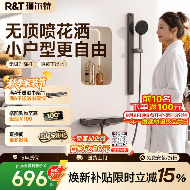 瑞尔特（R&T）简易无顶喷淋浴花洒套装小户型家用精铜水路大置物台S3mini S3mini（A铜水路芯+花洒喷枪二合一+无极升降杆）