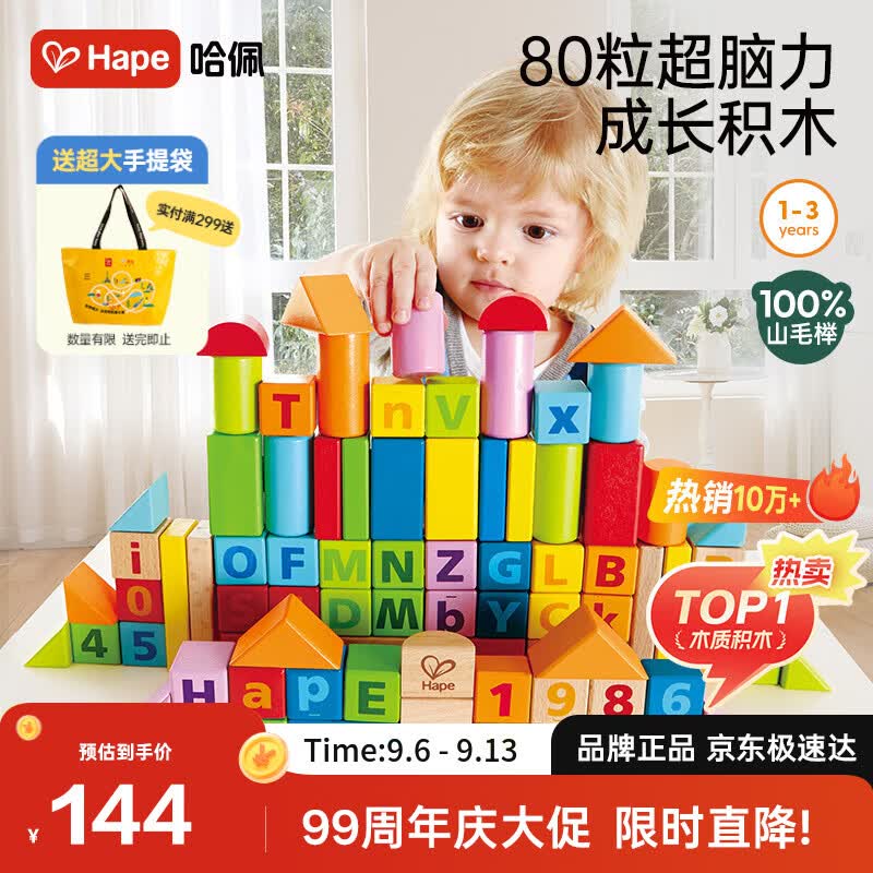 Hape(德国)进口山毛榉木质玩具80粒数字字母积木男女孩生日礼物E8022