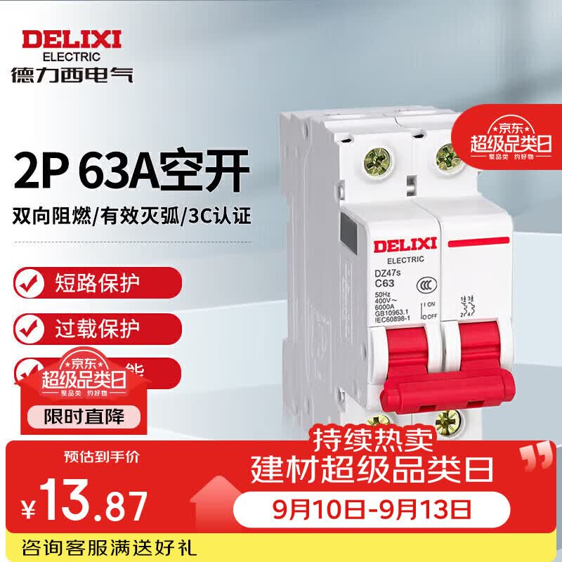 德力西电气空开微型断路器空气开关家用保护器DZ47s 2P 63A