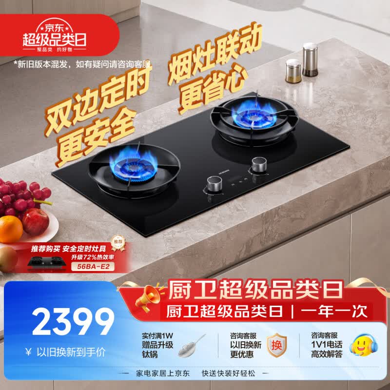 老板(Robam)【推荐购买72%定时灶E2】56BA-E2P天然气猛火灶燃气炉灶煤气双灶台以旧换新上门安装(新老混发)