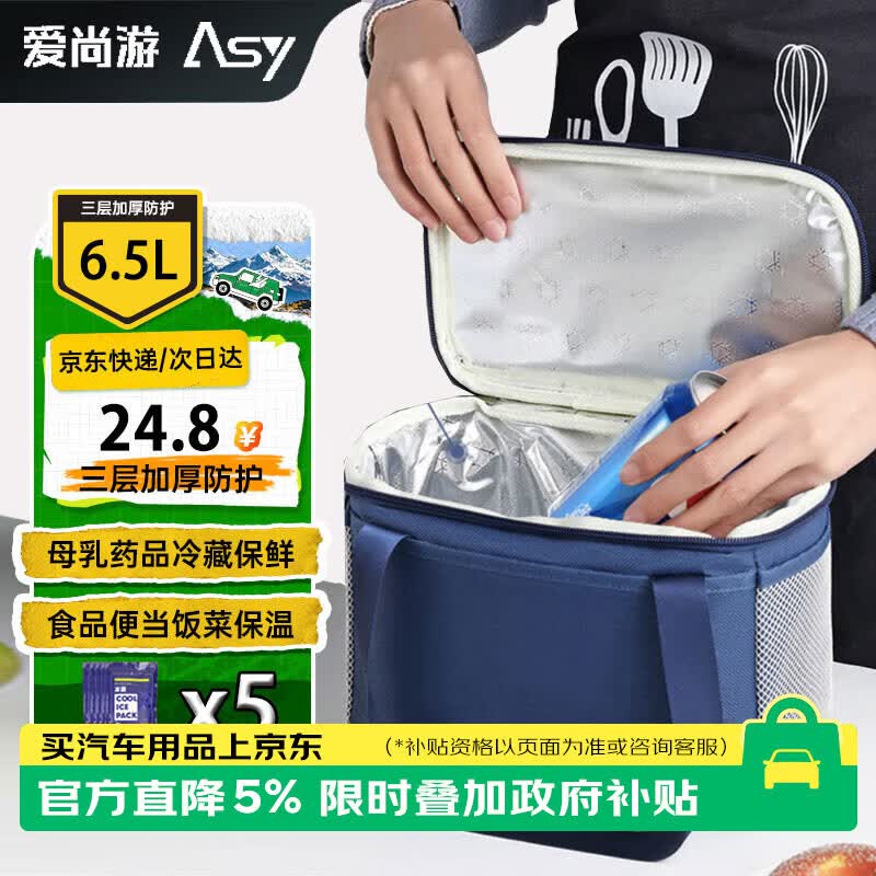 爱尚游（ASY）保温箱冷藏 6.5升保温袋母乳保鲜2-8度药品保冷包 便携饭盒便当包 保温包保温箱送餐箱 水果保鲜盒便当包 妈咪包新妈妈背奶包户外野餐包储奶包