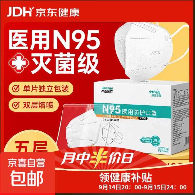 n95级医用防护口罩一次性医疗官方正品成人灭菌独立装防工业界面 成人耳戴式1盒25只【灭菌透气不勒耳】