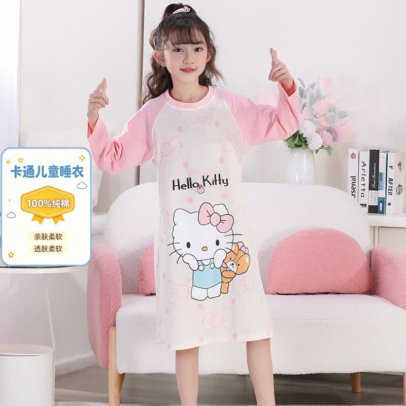 芬芳年代儿童睡衣女100%纯棉3-16岁长袖可爱卡通睡裙家居服 1023粉色KT猫裙 130 14 身高120-130厘米