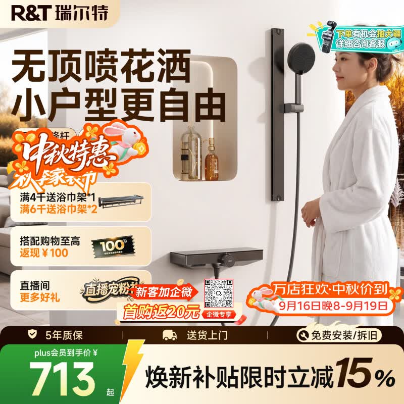 瑞尔特（R&T）简易无顶喷淋浴花洒套装小户型家用精铜水路大置物台S3mini S3mini（A铜水路芯+花洒喷枪二合一+无极升降杆）