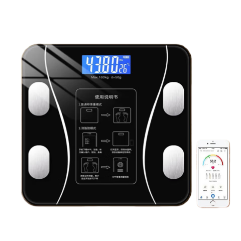 鹏境体重秤电子秤体脂秤家用精准高精度学生宿舍小型人体称减肥体重秤 26*26智能体重秤测温蓝牙电池款【黑色】