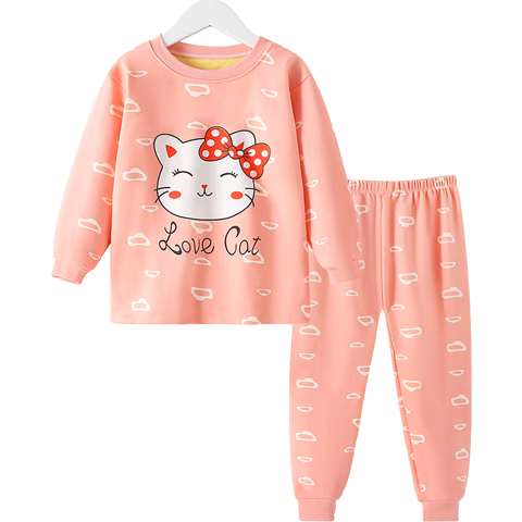 舒貝怡嬰兒衣服秋冬保暖內衣套裝男女寶寶加絨睡衣家居服打底秋衣秋褲冬 粉色 【加絨】 120