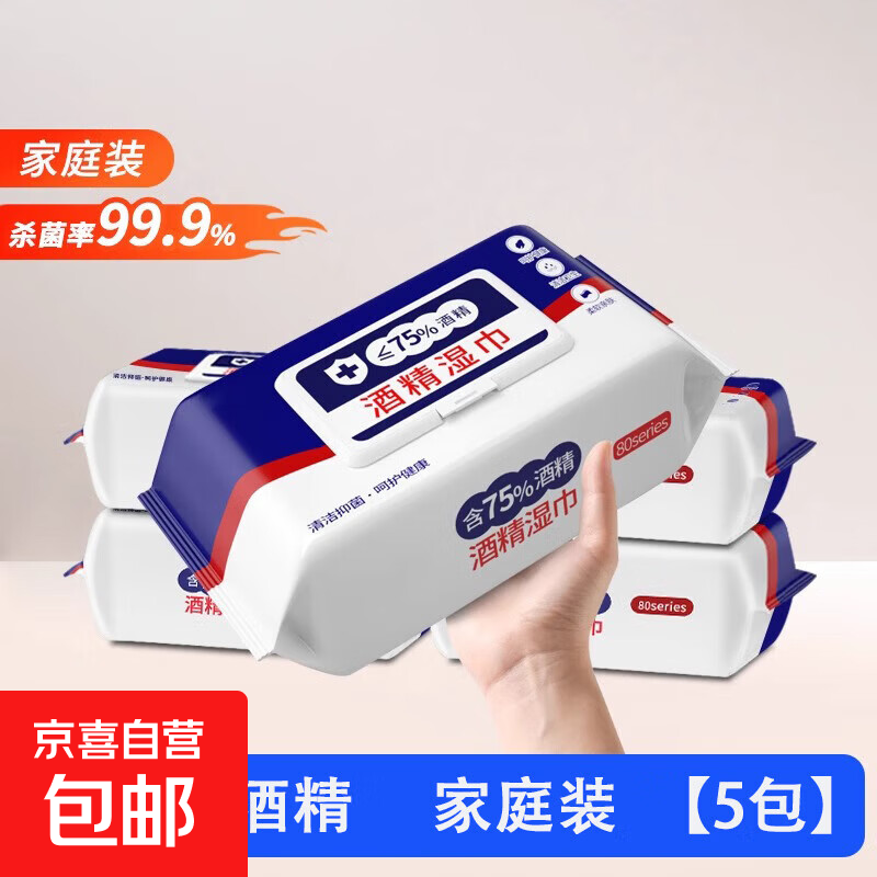 酒精消毒湿巾含75度大包抑菌便携实惠办公家用卫生杀菌专用 5包*60抽