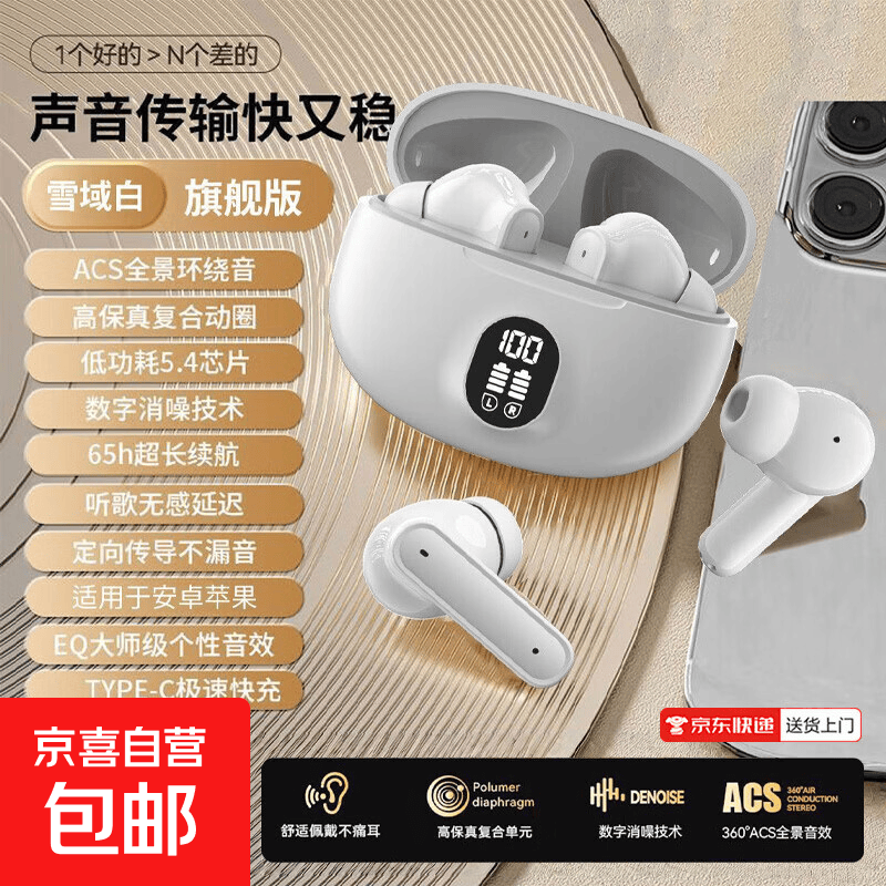 新款无线蓝牙耳机高音质男女游戏降噪入耳式智能数显智能降噪隔音蓝牙5.4适用于苹果安卓通用895B 霜月白【智能触控】舒适不漏音-深度降噪