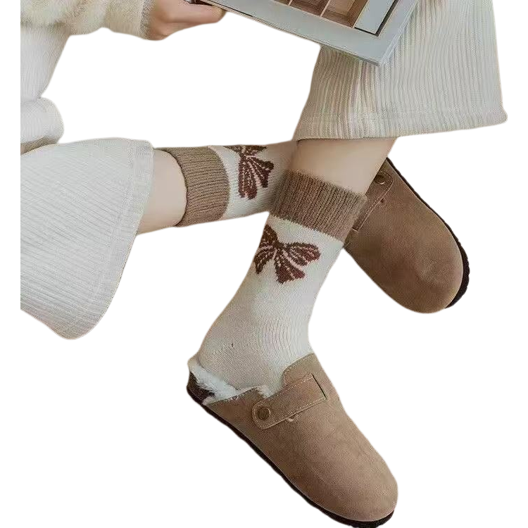 女生冬季日系ins潮流中筒袜加厚长筒袜秋冬甜美蝴蝶结保暖毛圈袜 蝴蝶结 1双 均码