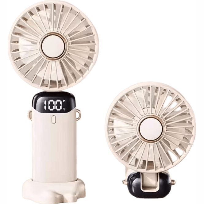 手持风扇便携式USB高速五档风扇户外数显小风机学生挂脖办公室桌面折叠手机支架小风扇 白色智能数显【赠送香薰+挂绳】