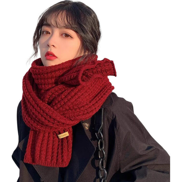 百搭韩版针织毛线红色围巾女2024圣诞冬季高级感新年礼物情侣围脖 针织围巾-米白色-1个装-保暖 1