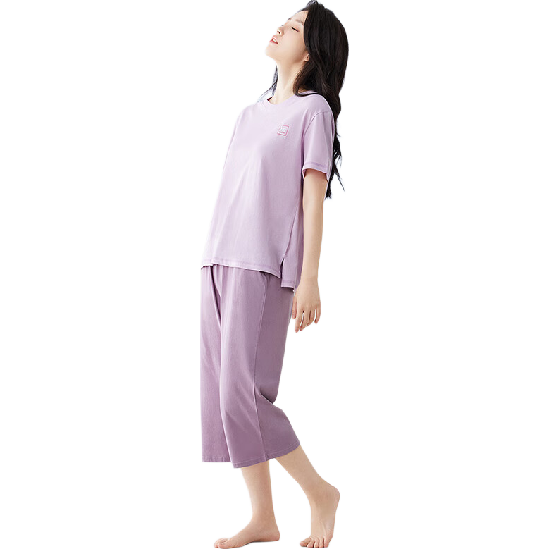 红豆情侣全棉睡衣简约休闲风短袖家居服套装可外穿 香芋紫 M 165/88A