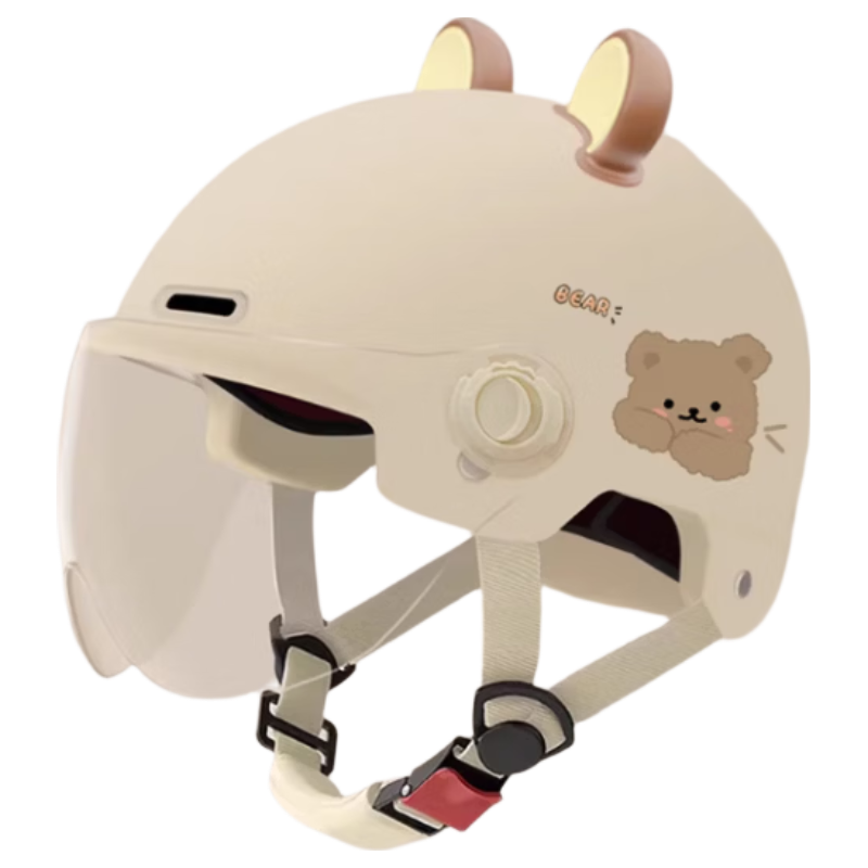 绿源（Luyuan）认证国标儿童头盔电动车可爱夏季电瓶车防晒摩托车四季通用安全帽 米色-透明短镜【2-8岁】