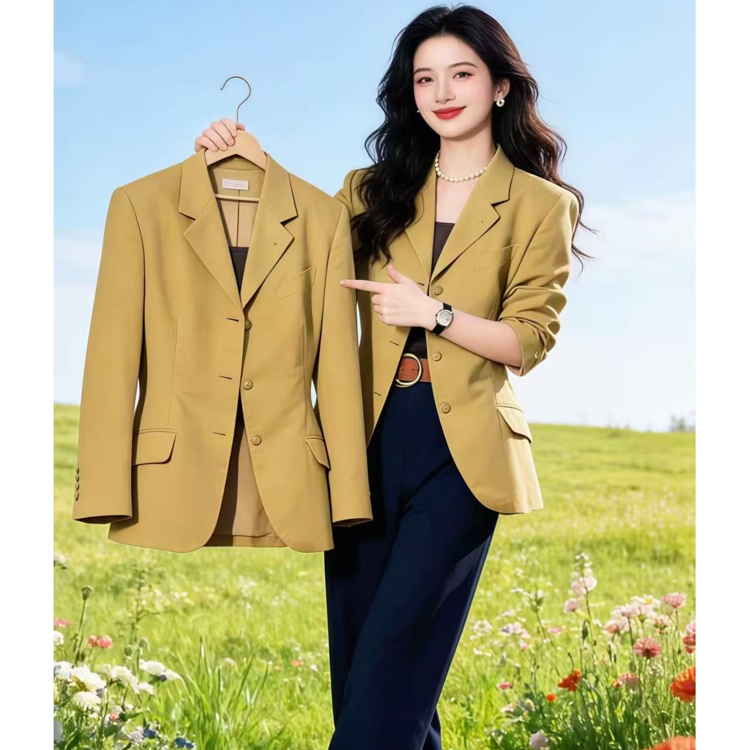 西装西服外套女春秋季新款网红爆款休闲小西服时尚高级感通勤百搭 黄色 S 90-105