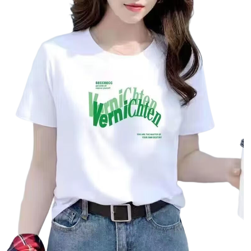 时尚印花短袖t恤女2025夏季新款宽松正肩小众印花半袖百搭上衣T恤 橙子饮料五分袖圆T白色 3XL