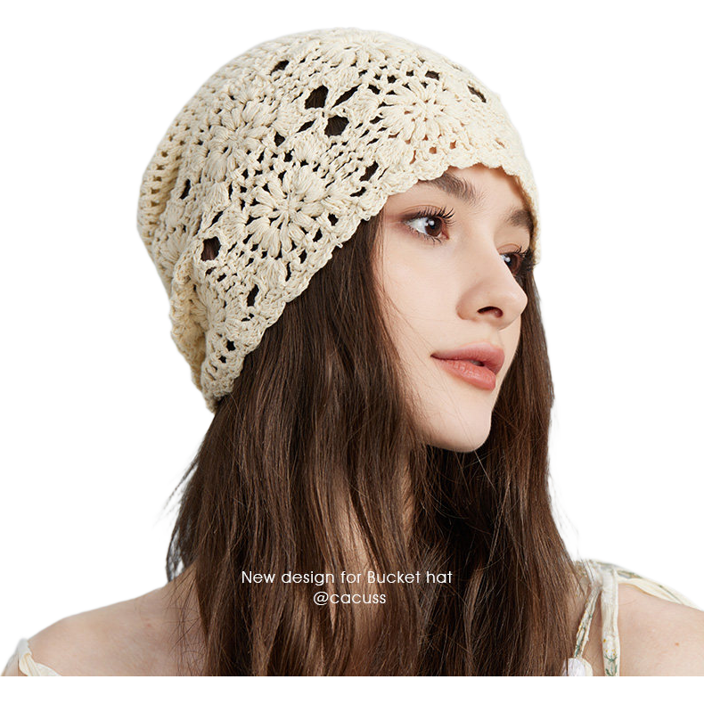 CACUSS手工鉤花鏤空針織帽帽子女款2025春夏堆堆帽毛線帽編織冷帽 淺米色【日常好搭配】 均碼(56-62CM)