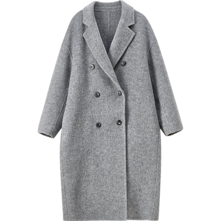 尚都比拉英倫風厚保暖雙面呢大衣女冬季長款翻駁領寬松落肩外套雙排扣大衣