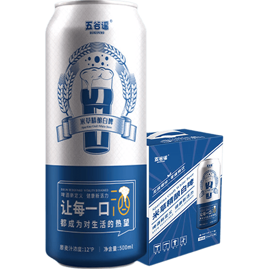 五谷谣精酿全麦芽白啤互花米草萃取液+益生菌专利配方 清爽无负担啤酒 500mL 24罐 整箱装 买一送一到手两箱共计24瓶
