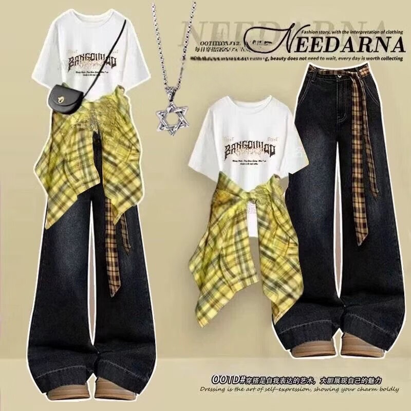 欧颖慕女童夏装初高中生套装14-16岁新款女大童运动套装夏季女生衣服潮 【三件套】308白色短袖+黑衬衫+黄格绳牛仔裤 165 （L）码【建议105-120斤】