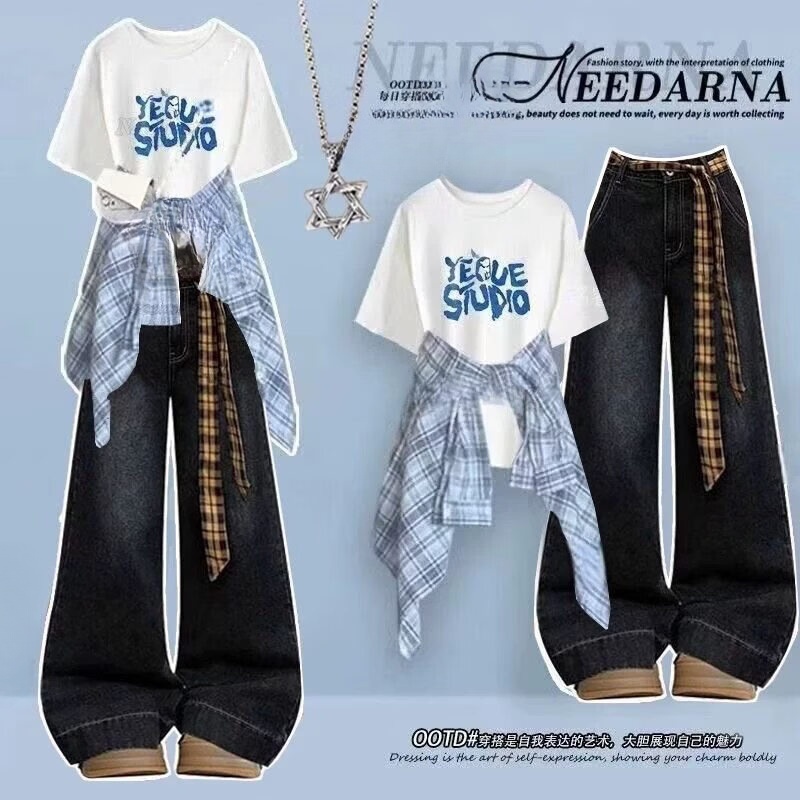 欧颖慕女童夏装初高中生套装14-16岁新款女大童运动套装夏季女生衣服潮 【三件套】308白色短袖+黑衬衫+黄格绳牛仔裤 165 （L）码【建议105-120斤】