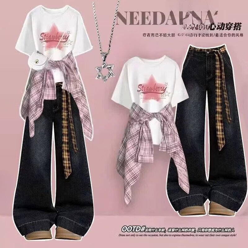 欧颖慕女童夏装初高中生套装14-16岁新款女大童运动套装夏季女生衣服潮 【三件套】308白色短袖+黑衬衫+黄格绳牛仔裤 165 （L）码【建议105-120斤】