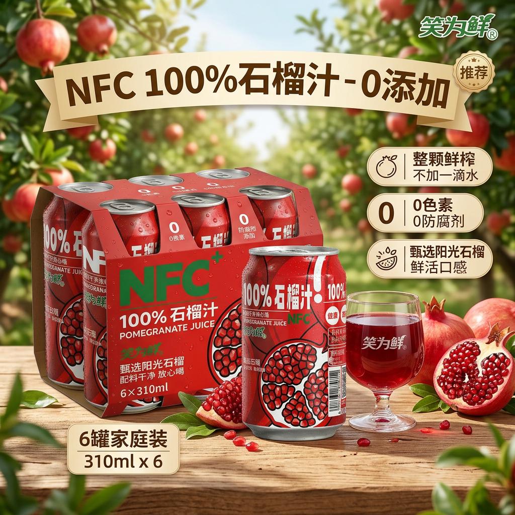 笑为鲜100%NFC鲜榨苹果汁 鲜榨果蔬汁 nfc苹果汁果汁饮料 健康无添加 nfc鲜榨石榴汁310ml*6罐
