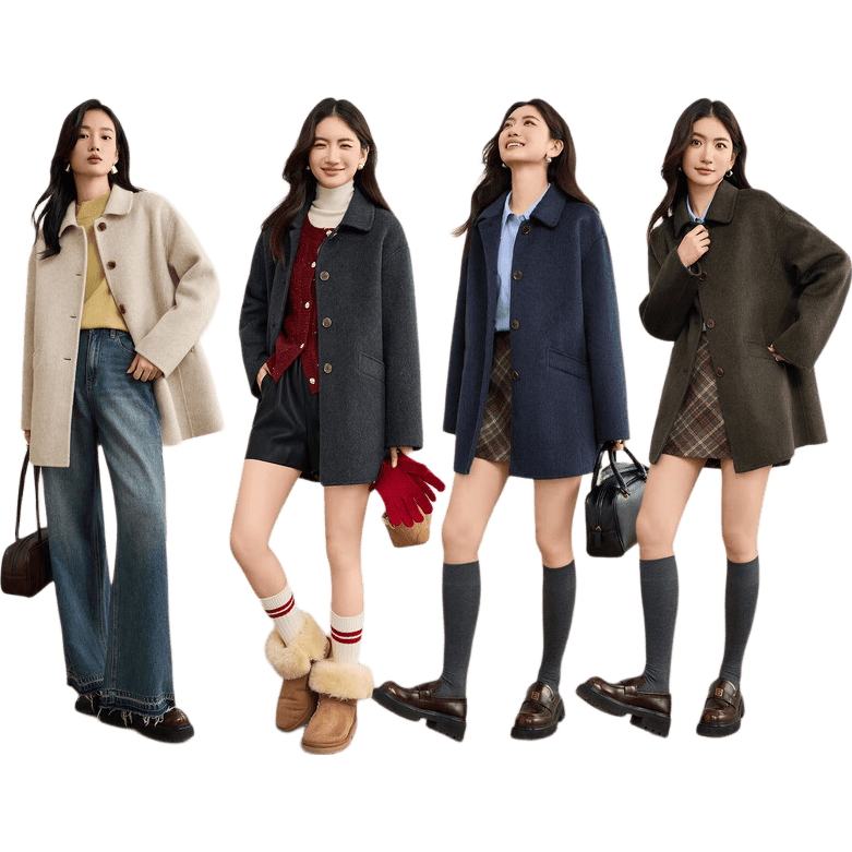 尚都比拉含綿羊毛polo領毛呢大衣女冬季保暖厚款雙面呢外套寬松中長款大衣