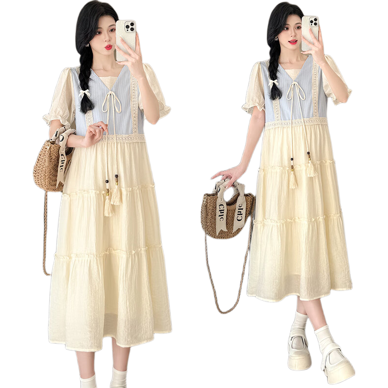 南叮雅格孕婦裝夏季新款大碼拼接小清新收腰顯瘦V領(lǐng)連衣裙中長款孕婦裙 圖片色 2XL