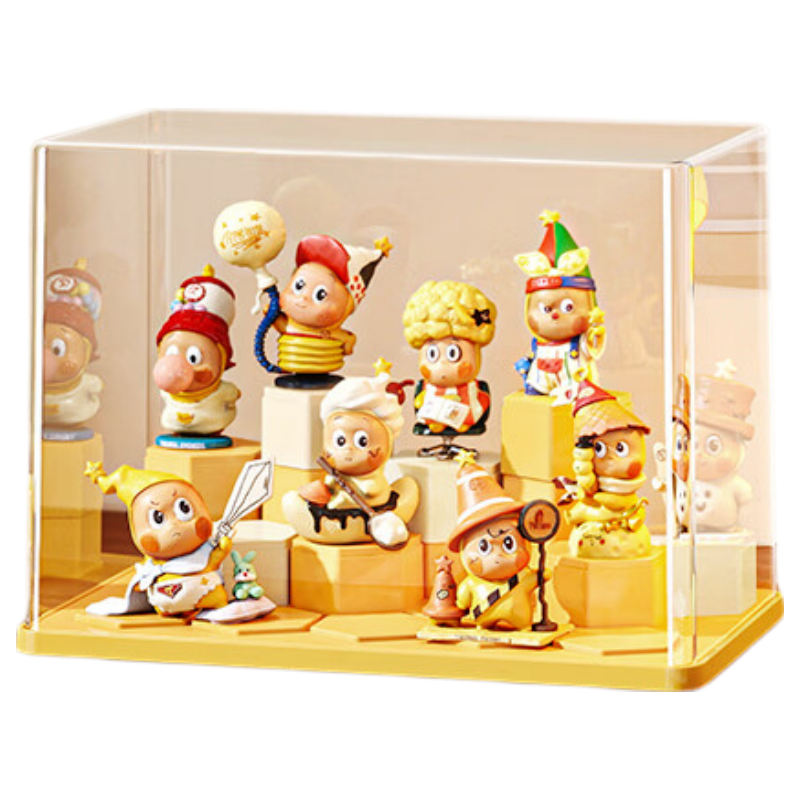 纳份爱手办展示柜泡泡玛特收纳盒摆件置物架带盖透明防尘罩盲盒收纳神器 简约积木款【黄色+奶油】送14个积木 加厚PET/带盖防尘