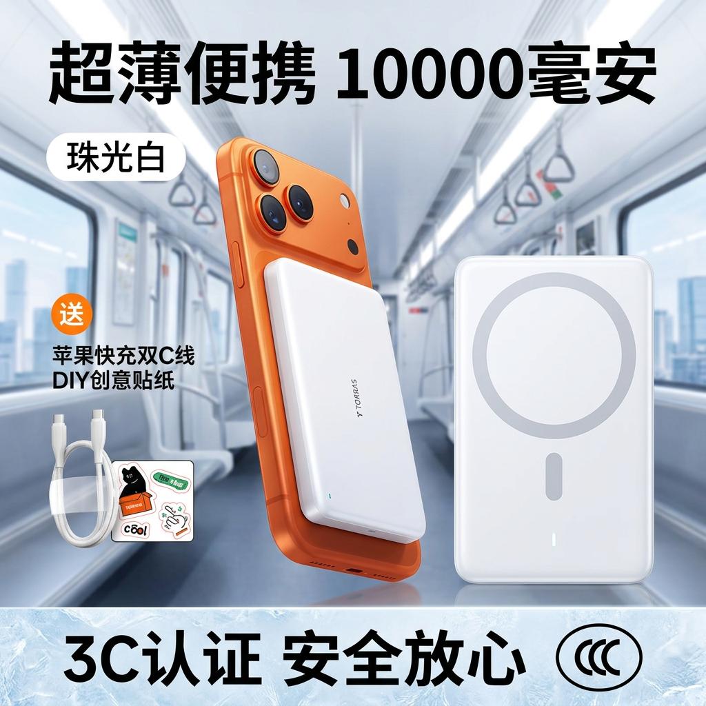 图拉斯磁吸充电宝适用iPhone新国标3C认证可上飞机超薄便携快充移动电源10000毫安苹果华为小米安卓 【3c认证】1万毫安丨珠光白 3C安全认证丨可上飞机丨超轻薄