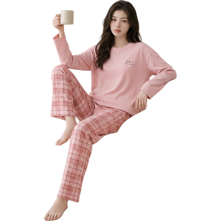 芬腾睡衣女【100%纯棉】秋冬新款格纹可外穿长袖家居服套装女睡衣 粉色 M