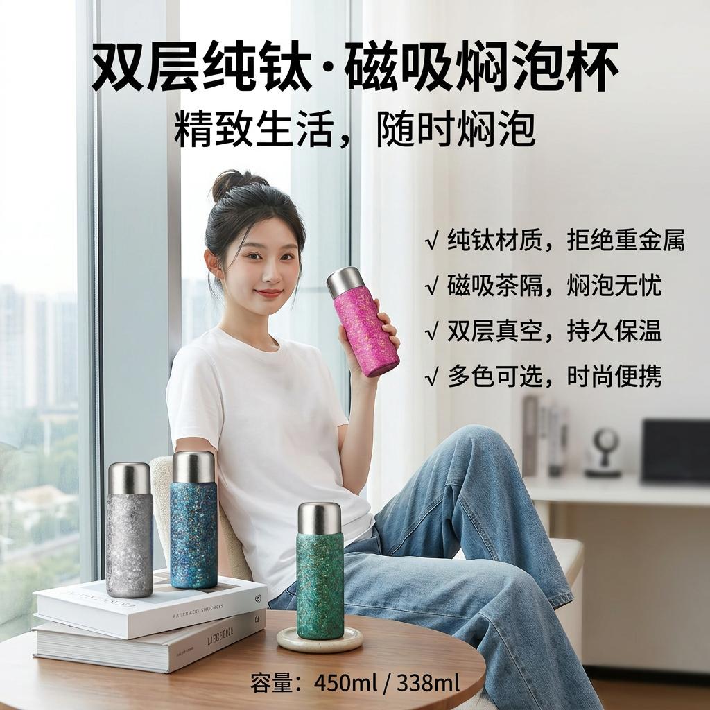 百思迪纯钛保温杯咖啡杯泡茶杯女神杯男高颜值磁吸茶水分离旅行便携礼物 钛镜冰花银 450ml