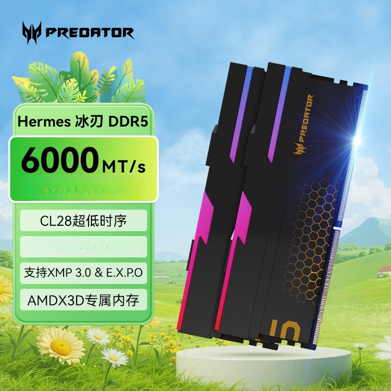 宏碁掠夺者(PREDATOR)DDR5 台式机内存条 Hermes冰刃系列 RGB灯条 台式机电脑配件 6000频率 C28冰刃黑 48GB 1套 24*2
