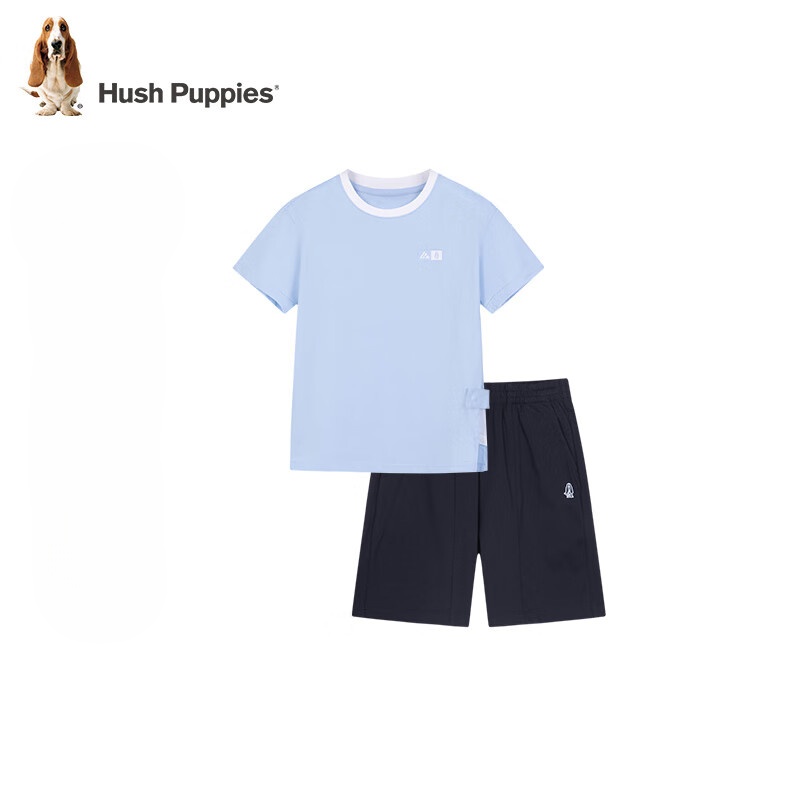 暇步士（Hush Puppies）童装儿童男女大童夏季新款细腻透气青春时尚休闲套装 冰晶蓝 【宽松】 140