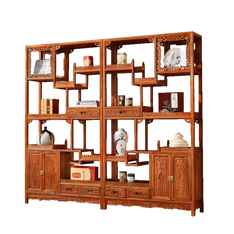 皇印 红木家具非洲花梨(学名:刺猬紫檀)书架书柜实木博古架多宝阁书房客厅中式家具2530 金钱博古架 一对