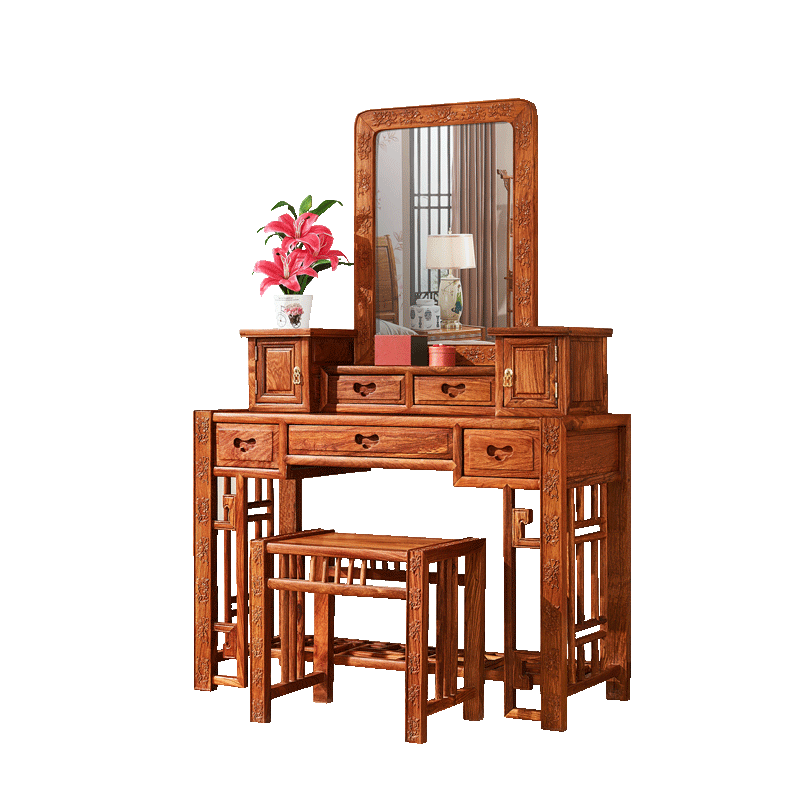 皇印 红木家具非洲花梨(学名刺猬紫檀)实木梳妆台中式古典化妆台组合卧室家具2716 国色天香梳妆台凳组合