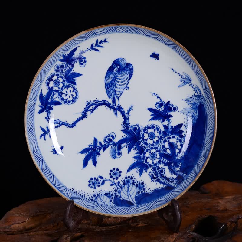 周胜堂 景德镇陶瓷盘名家手绘仿古青花花鸟装饰瓷盘摆件 工艺品装饰品