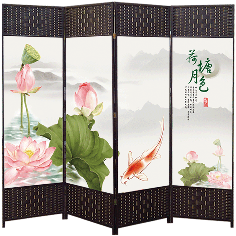 祥朗现代中式实木布艺屏风隔断折屏座屏移动玄关现代简约卧室客厅酒店养生馆屏风帘隔断玄关遮挡屏风 荷塘月色 2米高X0.5米宽双面图案一扇价格
