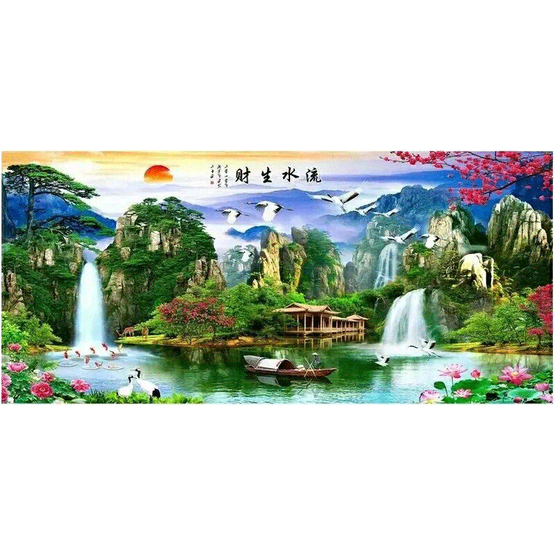 kecss十字繡2025新款線(xiàn)繡客廳流水生財風(fēng)景山水畫(huà)滿(mǎn)繡迎客松自己繡手工 絲線(xiàn)195*85CM中格3股
