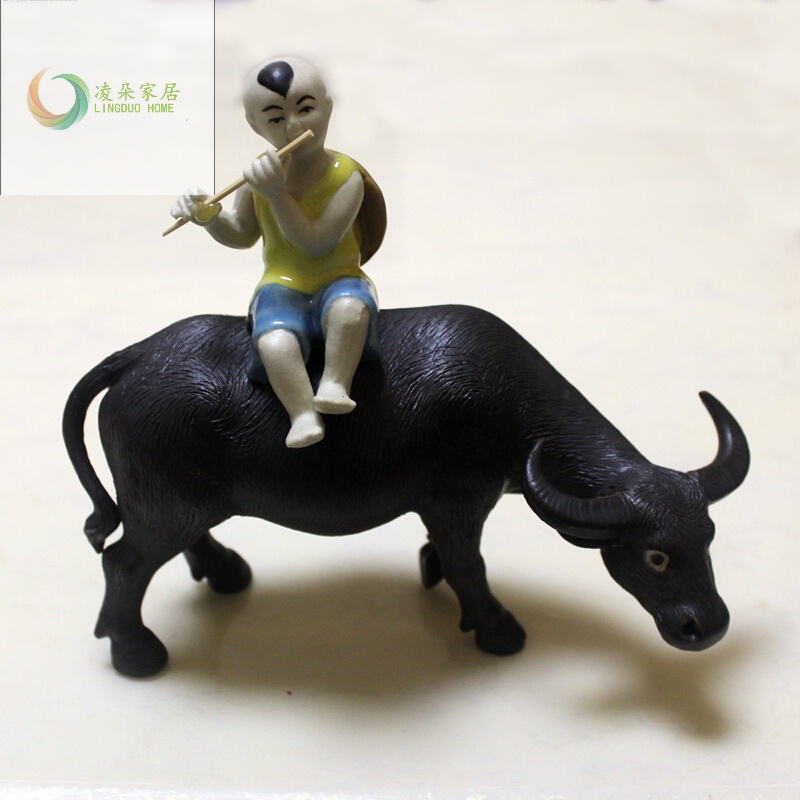 画尚(halsanr) 石湾公仔牧童骑牛摆件吹箫放牛娃家居陶艺牛摆件客厅