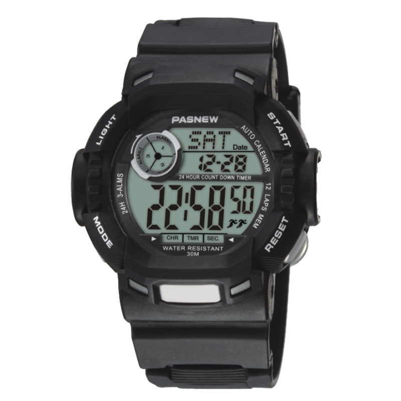 百圣牛pasnew学生电子手表夜光男表 倒计时 三组闹铃双时区多功能运动