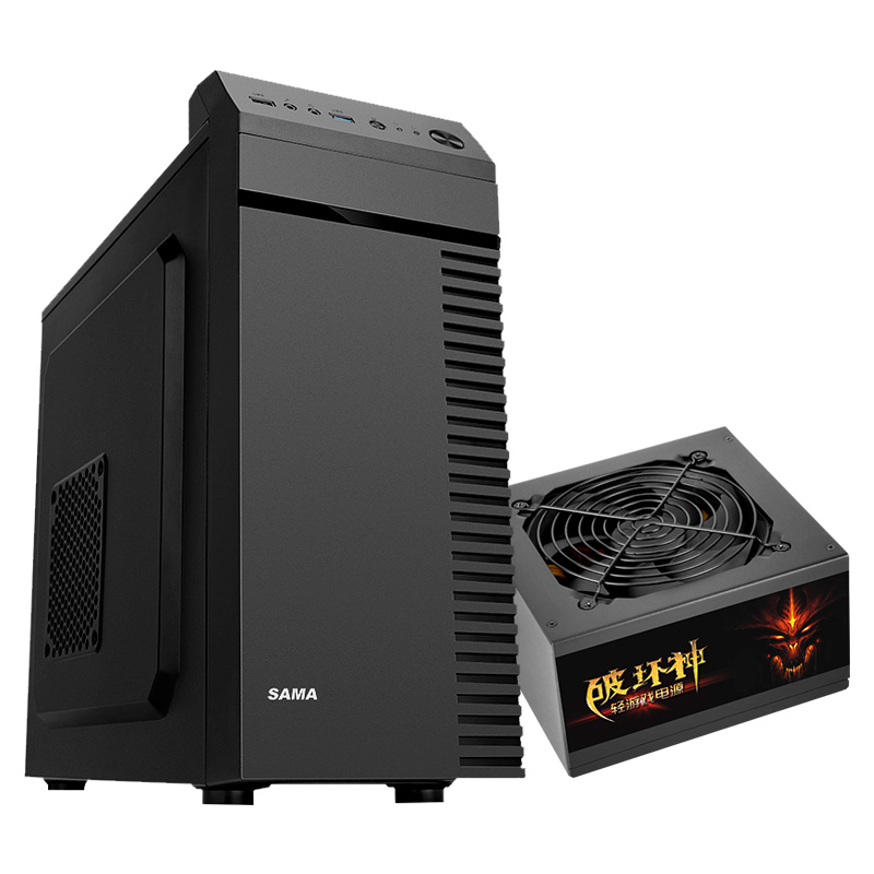 先马（SAMA）商英套装黑 商务办公小机箱 配额定300W电源、USB3.0/支持M-ATX主板、光驱、长显卡、背线