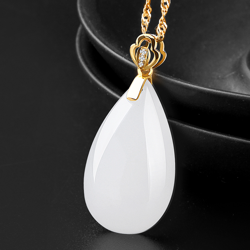 7000年羊脂玉和田玉吊坠18k金镶玉吊坠水滴吊坠玉坠女士玉吊坠玉石