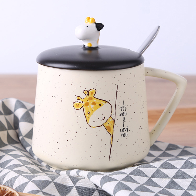 可爱陶瓷杯子女带盖勺马克杯创意个性潮流水杯家用牛奶早餐咖啡杯   情侣杯子 礼品 长颈鹿A款-动物头盖